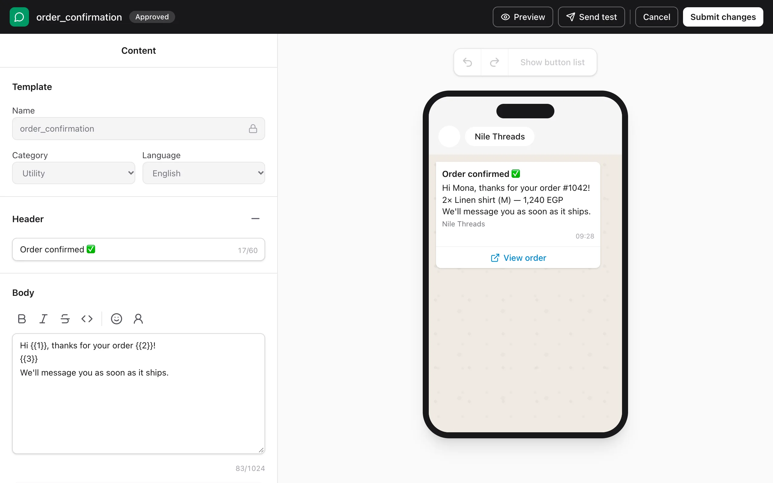 The template editor with the body, variables, buttons and the live phone preview