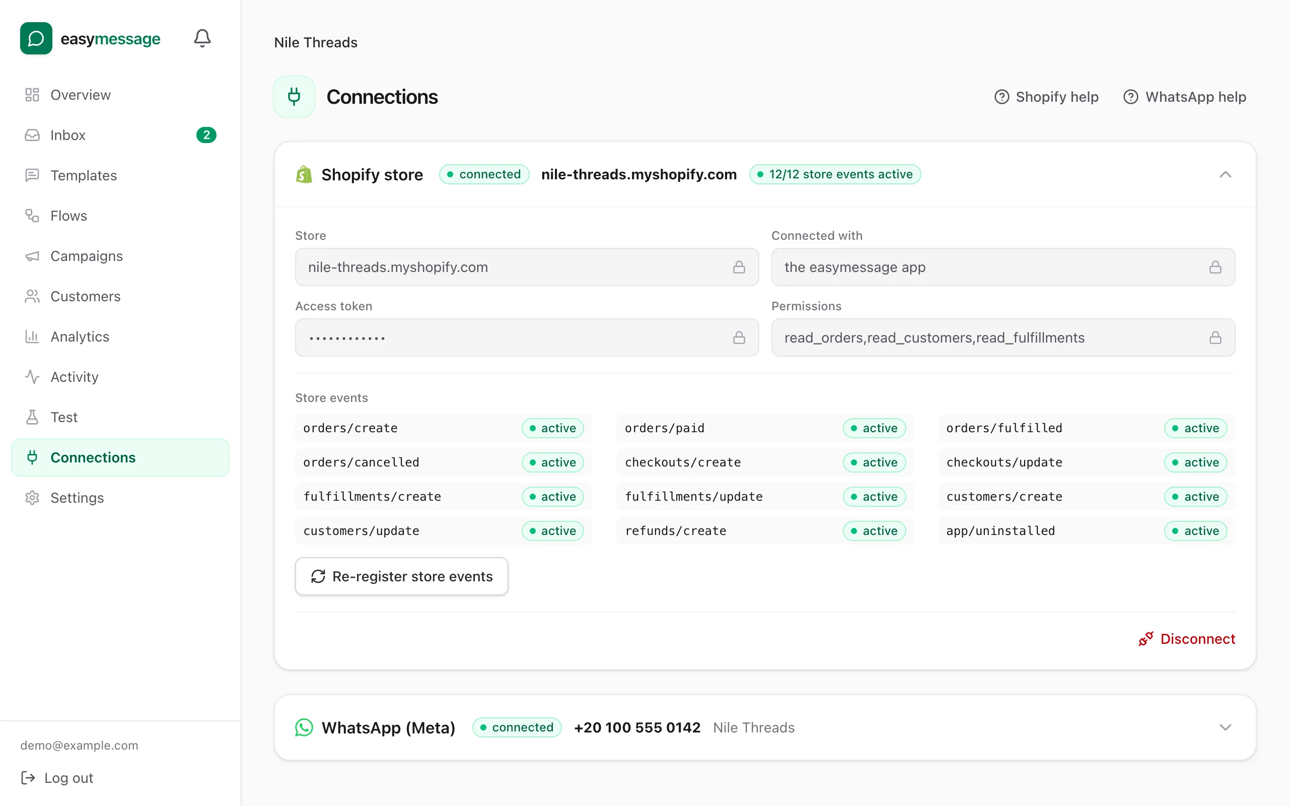 The Connections page showing a connected Shopify store and WhatsApp number
